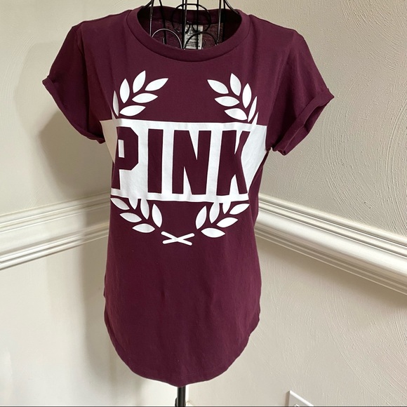 PINK Victoria’s Secret Maroon w/ White Logo Short Cuffed Sleeve Shirt Size S - Picture 8 of 8
